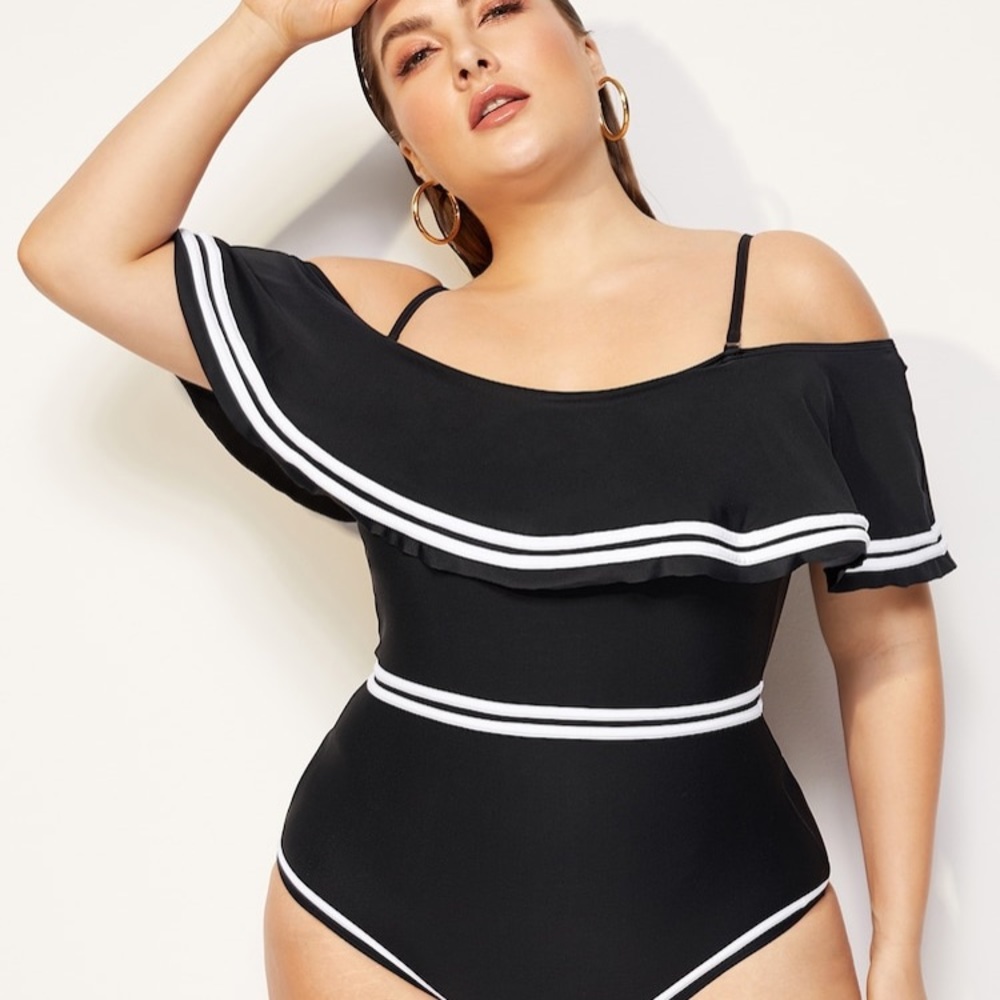 Plus Striped Flounce Off Shoulder One-Piece Swim